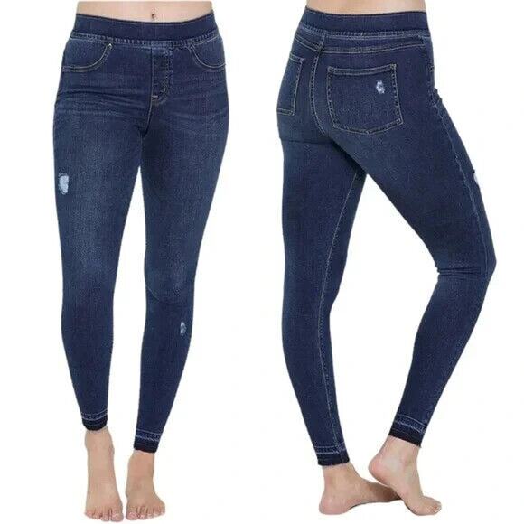 Spanx by Sara Blakely Jeggings Womens L Large Blue Denim Distressed Shape & Lift - Picture 14 of 15